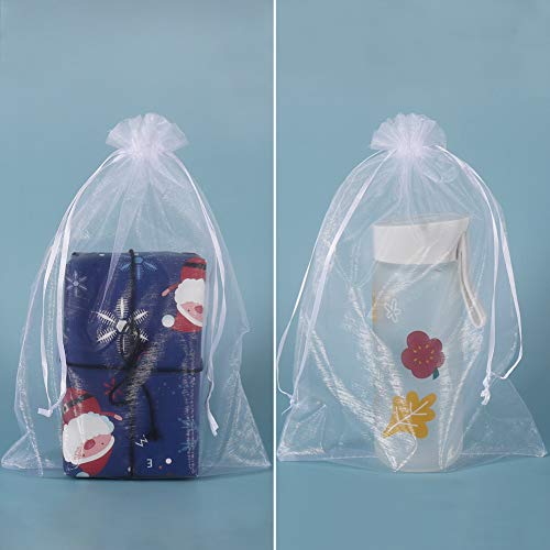 HRX Package 100pcs Large Organza Bags White, 8 x 12 inch Mesh Gift Drawstring Pouches Goodie Bags for Christmas Shower Party Favors Samples