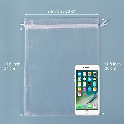 HRX Package 100pcs Large Organza Bags White, 8 x 12 inch Mesh Gift Drawstring Pouches Goodie Bags for Christmas Shower Party Favors Samples