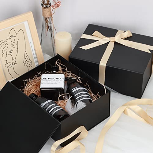 Moretoes 2 PCS Luxury Black Gift Boxes with Lids for Presents, Gift Boxes with Ribbon and Magnetic Closure for Christmas, Mother's Day, Holidays, Father's Day, Birthdays（9x7x4 Inches）