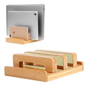 muchly vertical laptop stand – 3 slots for computer, tablet, phone .natural wood, adjustable dock, for devices up to 5″ to 1.2″ thick (yellow bamboo wood)…