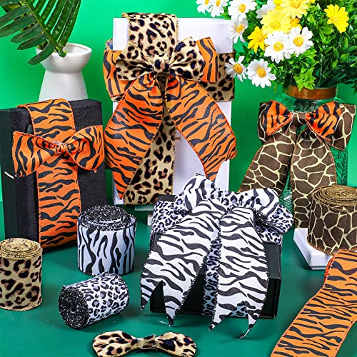 5 Rolls Jungle Animal Wired Ribbons 2.5 Inch Safari Animal Burlap Wrapping Ribbon for Crafts Leopard Zebra Cheetah Green Leaves Printed Ribbon for DIY Craft, Wild One Party Decor (Cool Style)