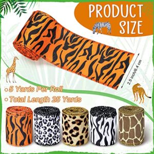 5 Rolls Jungle Animal Wired Ribbons 2.5 Inch Safari Animal Burlap Wrapping Ribbon for Crafts Leopard Zebra Cheetah Green Leaves Printed Ribbon for DIY Craft, Wild One Party Decor (Cool Style)