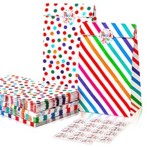 vammy 24 pieces rainbow party favor paper bags, food safe kraft paper gift bags sweet candy goodie treat bags with 24 stickers for birthday party wedding christmas, 5.1 x 3.1 x 9.4 inch