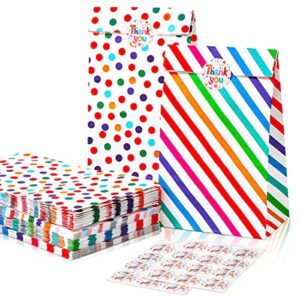 Vammy 24 Pieces Rainbow Party Favor Paper Bags, Food Safe Kraft Paper Gift Bags Sweet Candy Goodie Treat Bags with 24 Stickers for Birthday Party Wedding Christmas, 5.1 x 3.1 x 9.4 Inch