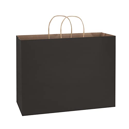 Poever 16x6x12 Kraft Paper Bags with Handles 50 PCS Bulk, Large Shopping Bags Black Gift Bags Tote Bags Recyclable for Small Business Retail Grocery Merchandise