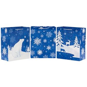 Hallmark 13" Large Holiday Gift Bag Bundle (Snowflakes on Blue, Polar Bear, Snowy Woodland Scene) for Christmas, Hanukkah, Winter Solstice, Birthdays