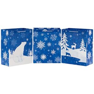 Hallmark 13" Large Holiday Gift Bag Bundle (Snowflakes on Blue, Polar Bear, Snowy Woodland Scene) for Christmas, Hanukkah, Winter Solstice, Birthdays