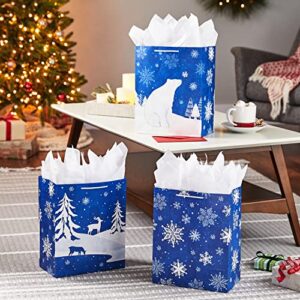 Hallmark 13" Large Holiday Gift Bag Bundle (Snowflakes on Blue, Polar Bear, Snowy Woodland Scene) for Christmas, Hanukkah, Winter Solstice, Birthdays