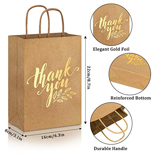 Whaline 16Pcs Thank You Party Bags Gold Foil Kraft Paper Gift Bags Brown Paper Bags with Handle Party Favor Bags for Wedding Birthday Baby Shower Party Favors 6.3 x 8.7 x 3.1inch, 4 Styles