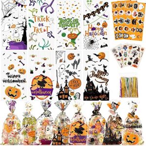 halloween candy bags treats bags, 200 pcs halloween cellophane bags for kids treat or trick party supplies, 8 styles halloween goodies bags gift bags with tattoo stickers for halloween party favors
