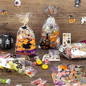 Halloween Candy Bags Treats Bags, 200 PCS Halloween Cellophane Bags for Kids Treat or Trick Party Supplies, 8 Styles Halloween Goodies Bags Gift Bags with Tattoo Stickers for Halloween Party Favors