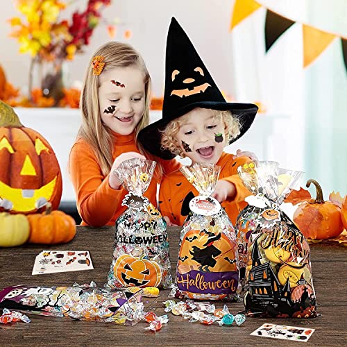 Halloween Candy Bags Treats Bags, 200 PCS Halloween Cellophane Bags for Kids Treat or Trick Party Supplies, 8 Styles Halloween Goodies Bags Gift Bags with Tattoo Stickers for Halloween Party Favors