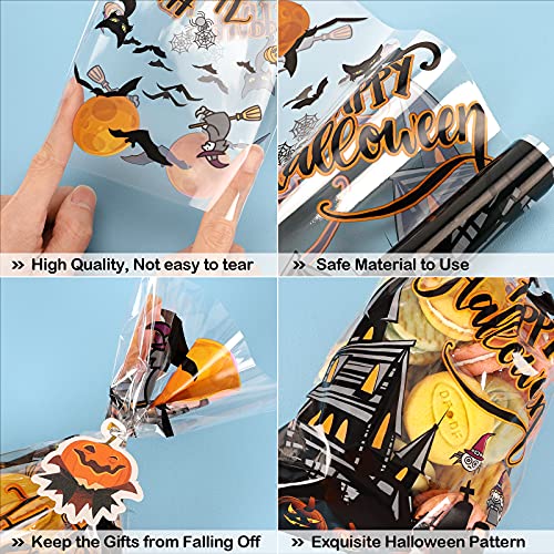 Halloween Candy Bags Treats Bags, 200 PCS Halloween Cellophane Bags for Kids Treat or Trick Party Supplies, 8 Styles Halloween Goodies Bags Gift Bags with Tattoo Stickers for Halloween Party Favors