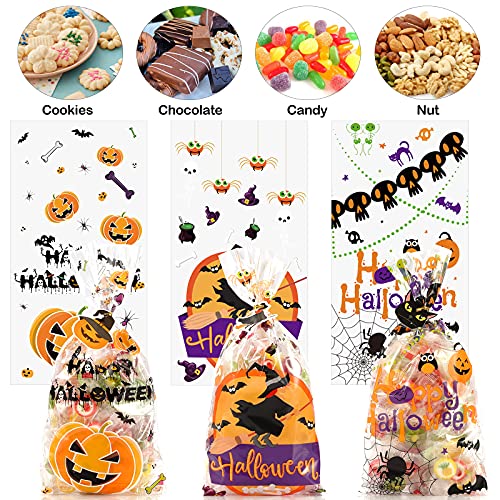 Halloween Candy Bags Treats Bags, 200 PCS Halloween Cellophane Bags for Kids Treat or Trick Party Supplies, 8 Styles Halloween Goodies Bags Gift Bags with Tattoo Stickers for Halloween Party Favors