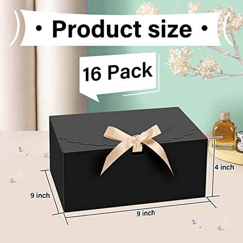 ZSPENG 16 PCs Gift Boxes with Lids,9x9x4 inches Black Gift Boxes with Ribbons, Bridesmaid Proposal Box,Kraft Paper Gift Box for Wedding, Packaging, Present, Birthday, Cupcake Boxes, Crafting.