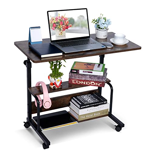 Portable Desk Small Desks for Small Spaces Laptop Table Rustic Rolling Adjustable Desk on Wheels Mobile Couch Desk for Bedroom Home Office Computer Standing Desk Student Desk with Storage 32x16 Inch