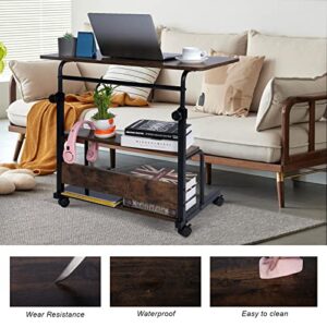 Portable Desk Small Desks for Small Spaces Laptop Table Rustic Rolling Adjustable Desk on Wheels Mobile Couch Desk for Bedroom Home Office Computer Standing Desk Student Desk with Storage 32x16 Inch