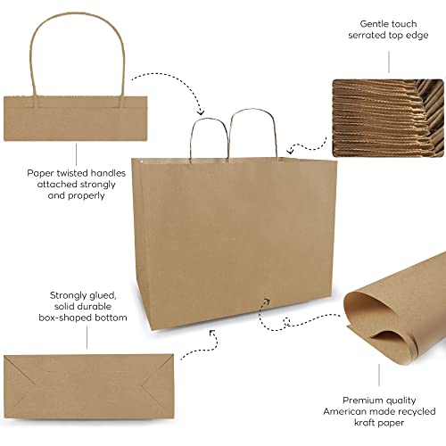 Qutuus 16x6x12 Inch 100 Pcs Kraft Paper Bags with Handles Bulk, Kraft Shopping Bags, Brown Paper Bags with Handles, Large Paper Bags for Small Business, Boutique Bags, Kraft Bags, Brown Gift Bags