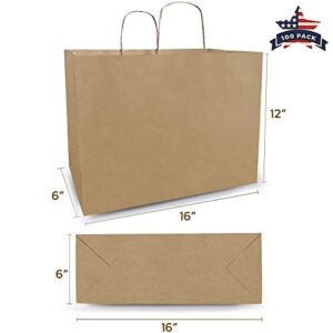 Qutuus 16x6x12 Inch 100 Pcs Kraft Paper Bags with Handles Bulk, Kraft Shopping Bags, Brown Paper Bags with Handles, Large Paper Bags for Small Business, Boutique Bags, Kraft Bags, Brown Gift Bags