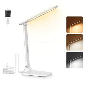 avv led desk lamp, desk lamps for home office, dimmable eye-caring desk light with 3 color modes, touch control adjustable table office lamp, foldable desk lamp with adapter, white