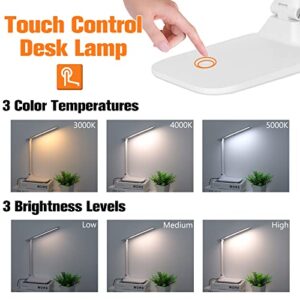 AVV LED Desk Lamp, Desk Lamps for Home Office, Dimmable Eye-Caring Desk Light with 3 Color Modes, Touch Control Adjustable Table Office Lamp, Foldable Desk Lamp with Adapter, White