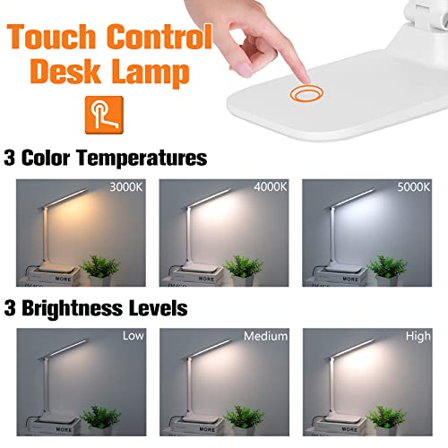 AVV LED Desk Lamp, Desk Lamps for Home Office, Dimmable Eye-Caring Desk Light with 3 Color Modes, Touch Control Adjustable Table Office Lamp, Foldable Desk Lamp with Adapter, White