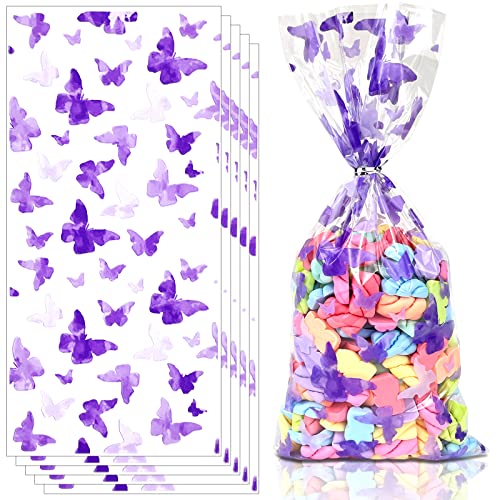 Bnsikun 100pcs Butterfly Cellophane Bags Purple Cellophane Treat Bags Butterfly Goody Bag Candy Favor Bags for Baby Shower Butterfly Birthday Party Supplies