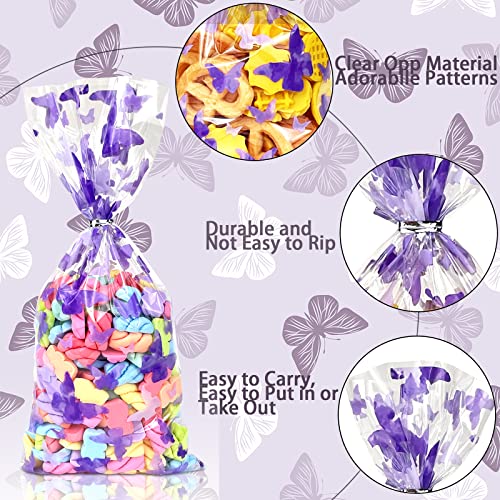 Bnsikun 100pcs Butterfly Cellophane Bags Purple Cellophane Treat Bags Butterfly Goody Bag Candy Favor Bags for Baby Shower Butterfly Birthday Party Supplies