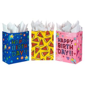 hallmark 17″ extra large birthday gift bags (3 bags: blue and green, pink and purple, yellow with pizza) for kids, teens, boys, girls, grandchildren