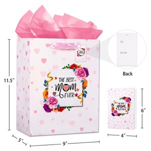 WhatSign Mothers Day Gift Bags with Handle 11.5" Medium Mother's Day Best Mom Ever Gifts Bags with Tissue Paper Happy Mother's Day Flowers Paper Gift Bags for Mom Grandmother Aunt Wife Birthday Bags