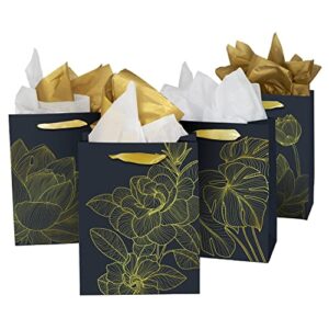homeadow bags – 4 pcs assorted gift bags, medium size (9″x7″) – assorted with 4 different designs, laminated cardboard, gold foil, includes 8 tissue papers – black w golden flowers