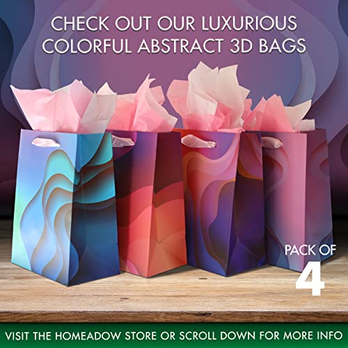 Homeadow Bags - 4 Pcs Assorted Gift Bags, Medium Size (9"x7") - Assorted with 4 Different Designs, Laminated Cardboard, Gold Foil, includes 8 tissue papers - Black w Golden Flowers