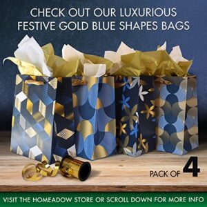 Homeadow Bags - 4 Pcs Assorted Gift Bags, Medium Size (9"x7") - Assorted with 4 Different Designs, Laminated Cardboard, Gold Foil, includes 8 tissue papers - Black w Golden Flowers