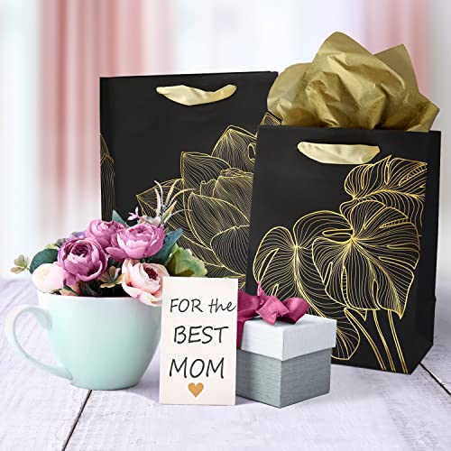 Homeadow Bags - 4 Pcs Assorted Gift Bags, Medium Size (9"x7") - Assorted with 4 Different Designs, Laminated Cardboard, Gold Foil, includes 8 tissue papers - Black w Golden Flowers