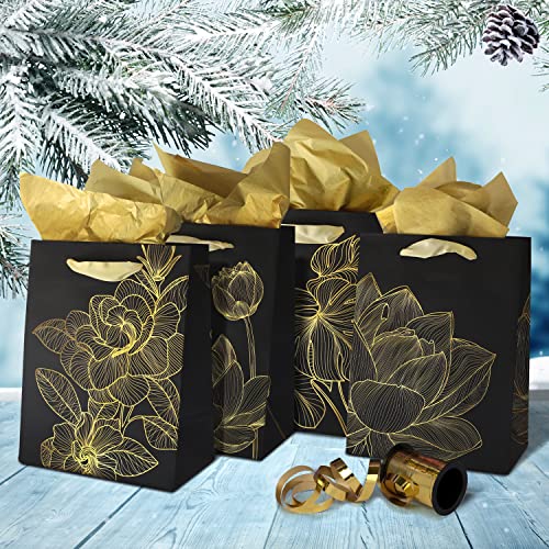 Homeadow Bags - 4 Pcs Assorted Gift Bags, Medium Size (9"x7") - Assorted with 4 Different Designs, Laminated Cardboard, Gold Foil, includes 8 tissue papers - Black w Golden Flowers