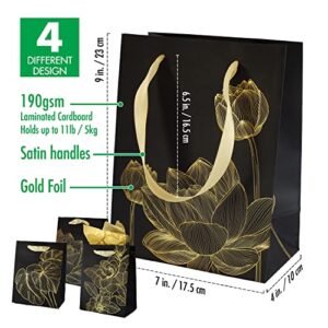 Homeadow Bags - 4 Pcs Assorted Gift Bags, Medium Size (9"x7") - Assorted with 4 Different Designs, Laminated Cardboard, Gold Foil, includes 8 tissue papers - Black w Golden Flowers