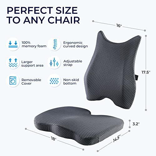Seat Cushion & Lumbar Support Pillow: Memory Foam Chair Pad Back Cushion for Office Chair Car Seat Wheelchair Travel, Reduce Tailbone Pressure and Improve Comfort, Orthopedic Sciatica Hip Pain Relief