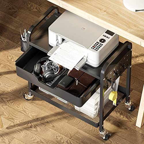 TOOLF 2 Tier Under Desk Mobile Printer Stand, Rolling Printer Cart with Storage Bag Drawer Desktop Organizer Utility Cart for Home Office Multi Purpose Fax Shelf with Caster Wheel - Black