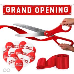 nashira ribbon cutting ceremony kit, 25″ giant scissors with red satin ribbon, grand opening banner & balloons – heavy duty metal scissors for special events, inaugurations & ceremonies