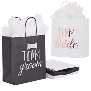 juvale 20 pack bride and groom gift bags with tissue paper for wedding, groomsmen, bridesmaid, reads team bride and team groom (8 x 4 x 9 in)