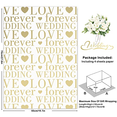 Love Forever Wedding Letter With Hearts White & Gold Foil Design Wrapping Paper Folded Flat 4 Sheets 20x28 inches Per Sheet For Weddings, Bridal Showers, Engagements