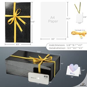 Dwbligt Elegant Black Gift Boxes 2 Pack 13.5x8.5x4.5 Inch, Crocodile Leather Paper Gift Box for Bridesmaid Proposal Box, Groomsmen Proposal Box, Birthday Party Box, Christmas Box(3 Powerful Magnet for Each Box) - Extra 2 Ribbons, 2 Tags, 2 Cards