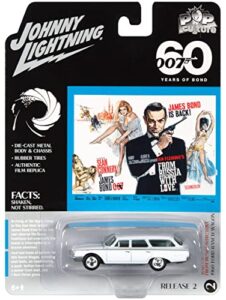 1960 ranch wagon white 007 “from russia with love (1963) movie pop culture 2022 release 2 1/64 diecast model car by johnny lightning jlpc007-jlsp258