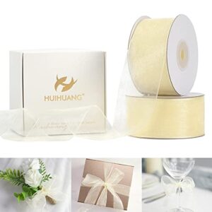 huihuang 2 rolls shimmer sheer organza ribbon 1-1/2 inch ivory chiffon fabric ribbon for wedding gift wrapping floral bouquet baby shower all types of crafts – 50 yards each roll