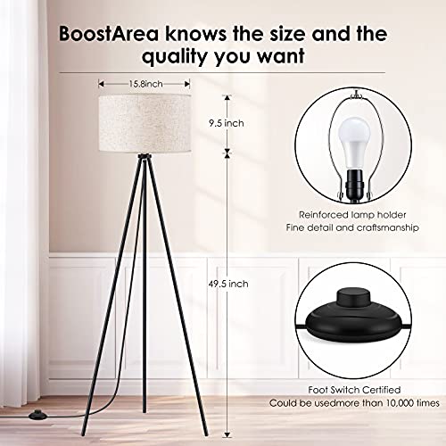 BoostArea Floor Lamp for Living Room, Tripod Floor Lamp, 15W LED Bulb, 3 Levels Dimmable Brightness, Linen Lamp Shade, Mid Century Standing Lamp for Living Room, Bedroom, Study Room and Office