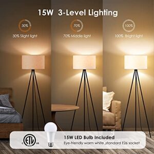 BoostArea Floor Lamp for Living Room, Tripod Floor Lamp, 15W LED Bulb, 3 Levels Dimmable Brightness, Linen Lamp Shade, Mid Century Standing Lamp for Living Room, Bedroom, Study Room and Office