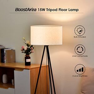 BoostArea Floor Lamp for Living Room, Tripod Floor Lamp, 15W LED Bulb, 3 Levels Dimmable Brightness, Linen Lamp Shade, Mid Century Standing Lamp for Living Room, Bedroom, Study Room and Office