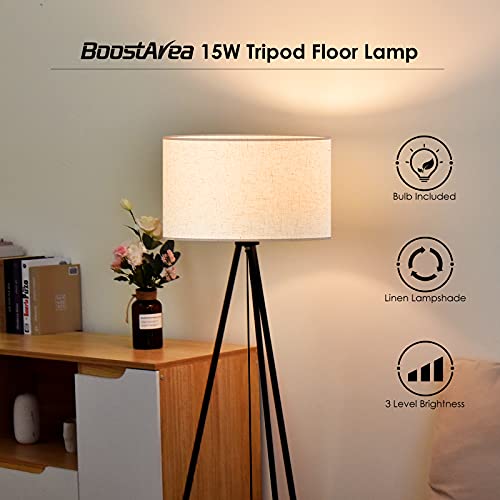 BoostArea Floor Lamp for Living Room, Tripod Floor Lamp, 15W LED Bulb, 3 Levels Dimmable Brightness, Linen Lamp Shade, Mid Century Standing Lamp for Living Room, Bedroom, Study Room and Office