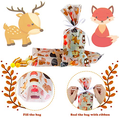 Zonon 100 Woodland Treat Bags Woodland Animal Party Favor Candy Bags Forest Animal Cookie Bags Squirrel Owl Deer Hedgehog Bear Creatures Cellophane Bags for Kids Baby Shower Birthday Party