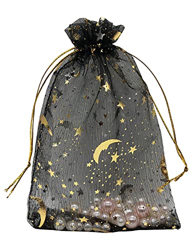 Jexila 100PCS Black Organza Bags 4X6 with Drawstring Jewelry Bags Small Moon Star Mesh Bags for Wedding Party Favor Candy Bags